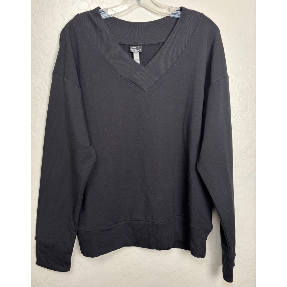 Felina Women Black V-Neck Sweatshirt Cotton Modal Blend Pullover XL 950229 2707
